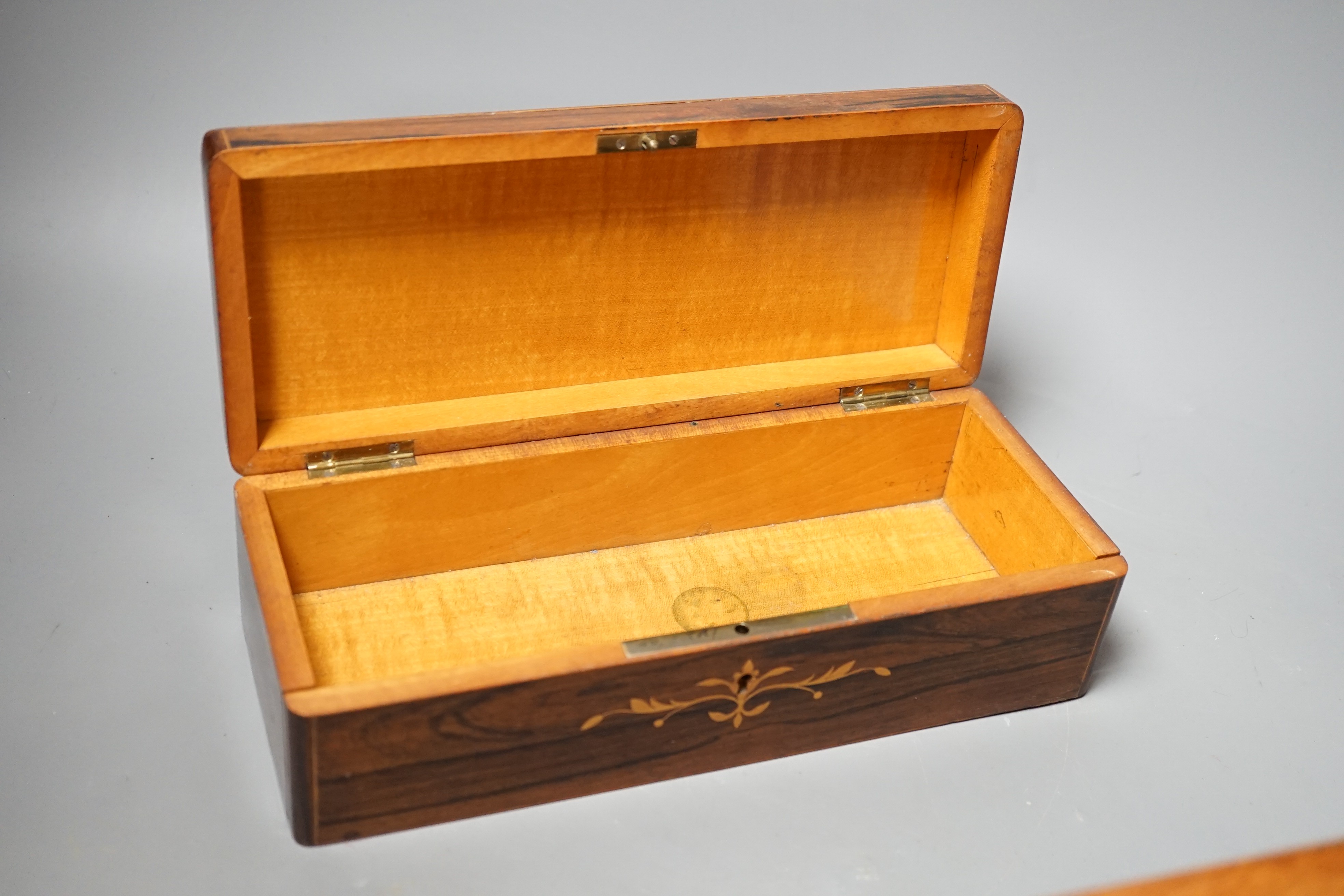 A late 19th century French rosewood 'Gants' box and a Tunbridge ware glove box, widest 26cm